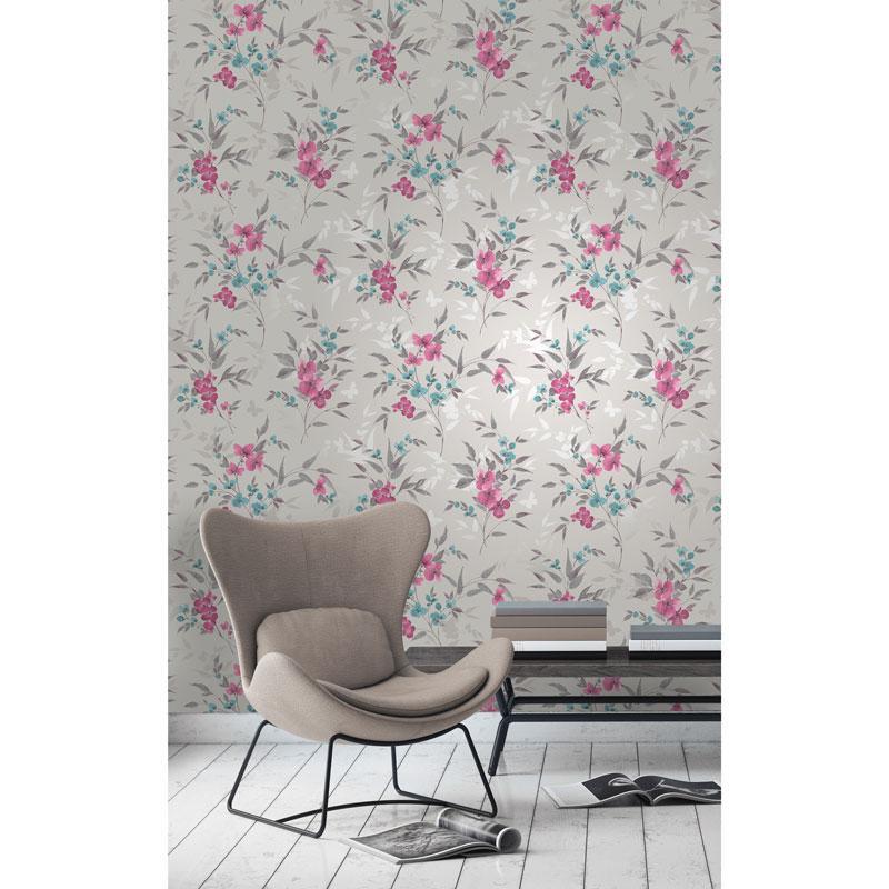 Fine Decor Sparkle Blossom Wallpaper - Fuschia | Decorating