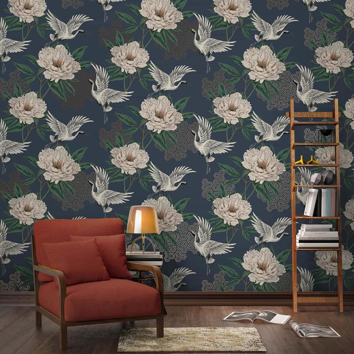 Flying Cranes Navy Wallpaper | DIY | Wallpaper - B&M